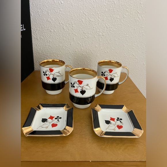 Cmielow Poland MCM Poker Playing Card Porcelain Cups and Ashtrays